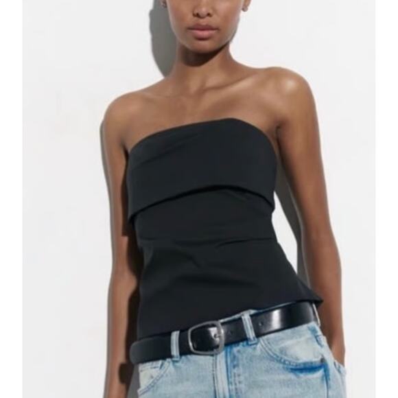 Zara Tube Top Black Ruched Strapless Size L - Picture 1 of 12